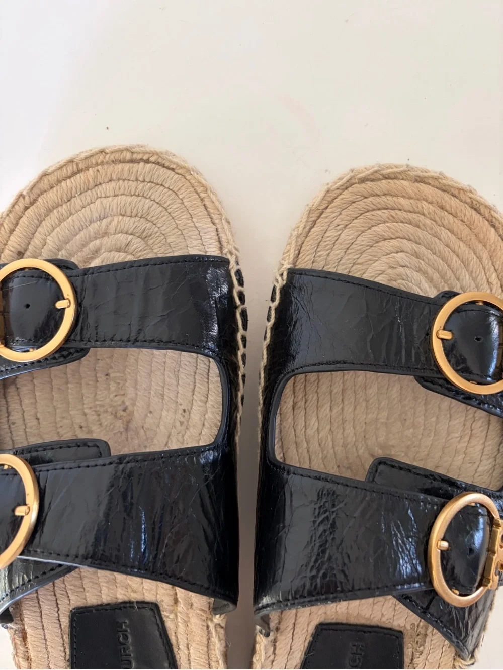 Tory Burch Selby Black Patent Leather & Jute Double Buckle Slide Sandals Size 8‎
